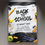 A Back-to-School flyer template featuring school supplies like notebooks and pencils, set against a dynamic and colorful background with subtle light effects, conveying an energetic party atmosphere.