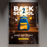 A Back-to-School Party flyer template featuring school supplies like notebooks and pencils, set against a dynamic and colorful background with subtle light effects, conveying an energetic party atmosphere.