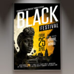 A Black Festival flyer template featuring a deep black background with a prominent neon-colored sound wave and abstract light streaks, conveying a high-energy and modern music event.