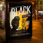 An edgy and attention-grabbing invitation template, ready for personalization for a "Black Festival," promising an unforgettable night of top-tier music, dazzling visuals, and unparalleled excitement.