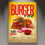 A Burger Event flyer template featuring a perfectly grilled burger with melted cheese and fresh toppings, set against a dynamic background with subtle flames or a grill texture, conveying a delicious food event.