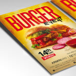A customizable flyer template designed for food promotions, showcasing bold, chunky typography and a warm color palette of reds and yellows, with elements that evoke a fun, festive, and satisfying dining experience.