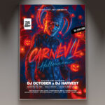 A Carnevil Party flyer template featuring a sinister clown face with a menacing grin, set against a dark circus background with ghostly fairground lights, conveying a creepy and thrilling Halloween party atmosphere.