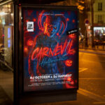 An inviting and attention-grabbing invitation template, ready for personalization for a "Carnevil Party," promising an unforgettable night of scares, costumes, and twisted carnival fun.