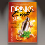 A Drink Event flyer template featuring two elegantly designed cocktail glasses clinking together, with a splash of vibrant liquid, set against a lively and celebratory background.