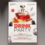 A Drink Party flyer template featuring two elegantly designed cocktail glasses clinking together, with a splash of vibrant liquid, set against a lively and celebratory background.