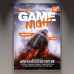 A Game Night flyer template showcasing a collection of classic game elements like dice, playing cards, and board game pieces, set against a dynamic and fun background with colorful lighting.