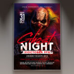 A Ghost Night flyer PSD template featuring a translucent, spectral figure and a haunted mansion, set against a dark, foggy background with subtle eerie lighting, conveying a mystical and spooky paranormal atmosphere.