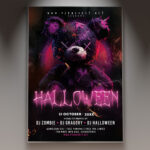 A Halloween 2025 flyer template featuring a grinning jack-o'-lantern and a ghostly figure, set against a dark and foggy background with subtle eerie lighting, conveying a classic spooky Halloween atmosphere.