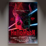 A Halloween Event flyer PSD template featuring a grinning jack-o'-lantern and a ghostly figure, set against a dark and foggy background with subtle eerie lighting, conveying a classic spooky Halloween atmosphere.