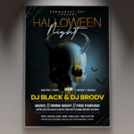 A Halloween Night Event flyer PSD template featuring a grinning jack-o'-lantern and a ghostly figure, set against a dark and foggy background with subtle eerie lighting, conveying a classic spooky Halloween atmosphere.