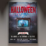 A Halloween Night flyer PSD template featuring a grinning jack-o'-lantern and a ghostly figure, set against a dark and foggy background with subtle eerie lighting, conveying a classic spooky Halloween atmosphere.