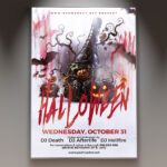 A Halloween Night flyer template featuring a grinning jack-o'-lantern and a ghostly figure, set against a dark and foggy background with subtle eerie lighting, conveying a classic spooky Halloween atmosphere.