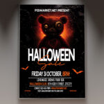 A Halloween Sale flyer template featuring a grinning jack-o'-lantern and a ghostly figure, set against a dark and foggy background with subtle eerie lighting, conveying a classic spooky Halloween atmosphere.