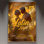 A Latin Night flyer template featuring silhouettes of a dancing couple in a passionate pose, set against a dynamic and colorful background with subtle light effects, conveying an energetic and sensual dance atmosphere.