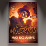 A Muertos flyer template featuring a beautifully decorated sugar skull (calavera) surrounded by bright marigold flowers and vibrant papel picado, conveying a festive and cultural atmosphere for a Día de los Muertos celebration.