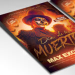 A customizable flyer template designed for Mexican-themed events, showcasing ornate, folkloric typography and a rich color palette of purples, oranges, and yellows, with elements that evoke a sense of tradition and joy.