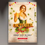 An Oktoberfest flyer template showcasing a large beer stein overflowing with foam, set against a rustic wooden background and traditional Bavarian patterns, conveying a festive and authentic German atmosphere.