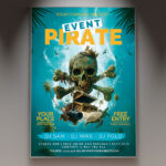 A Pirate Event flyer template featuring a skull and crossbones and an old treasure map, set against a weathered background with subtle light effects, conveying a classic adventurous pirate atmosphere.