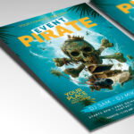 A customizable flyer template designed for pirate-themed parties, showcasing rugged, seafaring typography and a rich color palette of browns and blues that evokes a sense of adventure and mystery.
