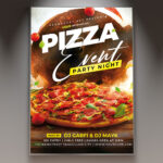 A Pizza Event flyer template featuring a close-up of a freshly baked pizza with bubbling cheese and fresh toppings, set against a dynamic and fun background with subtle light effects.
