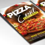 A customizable flyer template designed for food promotions, showcasing bold, playful typography and a warm color palette of reds and yellows, with elements that evoke a satisfying and celebratory dining experience.