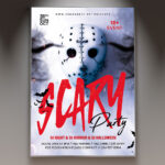 A Scary Night flyer template featuring a menacing skull surrounded by crawling spiders, set against a dark and foggy background with subtle eerie lighting, conveying a classic spooky and thrilling atmosphere.
