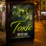An edgy and attention-grabbing invitation template, ready for personalization for a "Toxic Event," promising an unforgettable night of top-tier music, dazzling visuals, and unparalleled excitement.