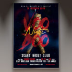 A Voodoo flyer template featuring a mysterious voodoo doll with glowing eyes and pins, set against a dark and foggy background with subtle eerie lighting, conveying a mystical and spooky Halloween atmosphere.