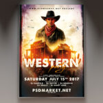 A Western Party flyer template featuring a cowboy boot and hat against a rugged wooden or dusty background, with a prominent lasso graphic, conveying a rustic and adventurous theme.