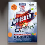 A Whiskey flyer template featuring a glass of whiskey with ice, set against a dark, classic background with subtle light effects, conveying a sophisticated and refined atmosphere.
