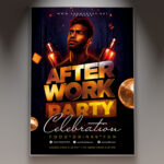 An After Work Party flyer template featuring a stylish figure with a sparkling cocktail, set against a sleek city skyline at dusk, conveying a professional and sophisticated atmosphere.