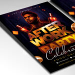 A customizable flyer template designed for happy hours and networking events, showcasing bold, modern typography and a dynamic color palette of blues and magentas that evokes a sense of vibrant fun.