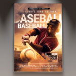 A Baseball Event flyer template featuring a baseball bat and glove with a baseball, set against a classic stadium background with subtle light effects, conveying a professional and sporty atmosphere.