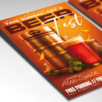 A customizable flyer template designed for brewery events, showcasing bold, celebratory typography and a rich color palette of ambers and browns that evokes a sense of authentic brewing tradition.