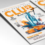 A customizable flyer template designed for nightlife events, showcasing bold, modern typography and a dynamic color palette of blues and magentas that evokes a sense of vibrant fun and excitement.