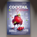 A Cocktail Party flyer template featuring a glass with a colorful cocktail and a vibrant splash, set against a dark, elegant background with subtle light effects, conveying a sophisticated and stylish atmosphere.