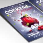 A customizable flyer template designed for cocktail lounges, showcasing sleek, modern typography and a rich color palette of deep reds and blues that evokes a sense of refinement and class.