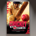 A Cricket Event flyer template featuring a cricket bat and wickets with a ball, set against a classic field background with subtle light effects, conveying a professional and sporty atmosphere.