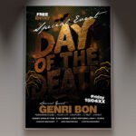 A Day of the Death flyer template featuring a beautifully decorated sugar skull and colorful marigold flowers, set against a dark, elegant background with subtle light effects, conveying a professional and festive atmosphere.