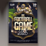 A Football Game flyer template featuring a football on a grassy field with goal posts, set against a classic stadium background with subtle light effects, conveying a professional and sporty atmosphere.
