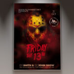 A Friday 13th flyer template featuring a menacing masked figure in shadow, set against a dark and foggy forest background with blood-red accents, conveying a professional and terrifying atmosphere.