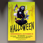 A Halloween Night 2026 flyer template featuring a grinning jack-o'-lantern and a ghostly figure, set against a dark and foggy background with subtle eerie lighting, conveying a classic spooky Halloween atmosphere.