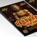 A customizable flyer template designed for scary events, showcasing bold, gothic typography and a chilling color palette of oranges and blacks that evokes a sense of fear and suspense.
