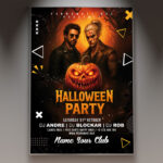 A Halloween Party Event flyer template featuring a ghostly figure with a haunted house, set against a dark and foggy background with subtle eerie lighting, conveying a professional and spooky atmosphere.