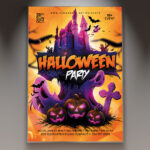 A Halloween Party flyer template featuring a ghostly figure with a haunted house, set against a dark and foggy background with subtle eerie lighting, conveying a professional and spooky atmosphere.