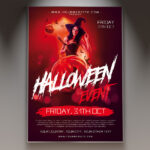 A Halloween Party flyer template featuring a grinning jack-o'-lantern and a ghostly figure, set against a dark and foggy background with subtle eerie lighting, conveying a classic spooky Halloween atmosphere.