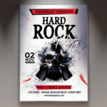 A Hard Rock Party flyer template featuring an electric guitar with a skull motif, set against a fiery background with subtle light effects, conveying a professional and energetic atmosphere.