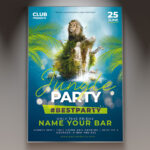 A Jungle Party flyer template featuring lush tropical leaves and a silhouette of a wild animal, set against a vibrant jungle background with subtle light effects, conveying a wild and exotic atmosphere.