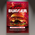 A King Burger Flyer PSD Template featuring a juicy, gourmet burger with all the fixings, set against a dark, rustic background with subtle light effects, conveying a professional and delicious atmosphere.